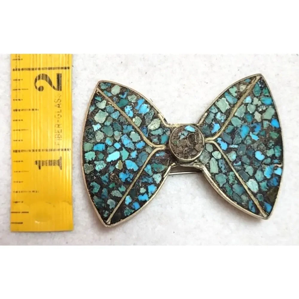Vintage Mid Century N. India Turquoise Mosaic Chip Inlay Bow Brooch Southwestern